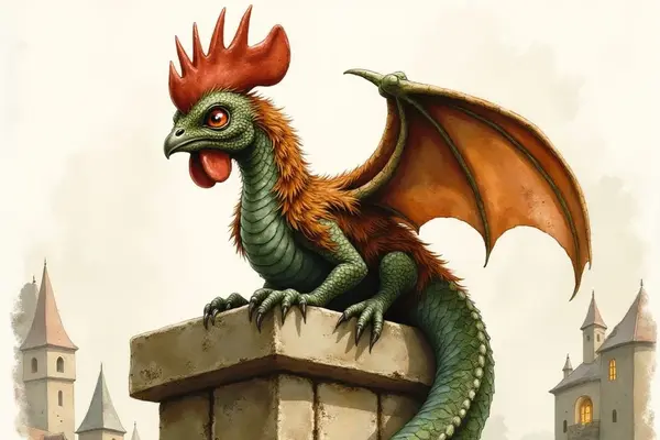 Ein Basilisk, eine Mischung aus Hahn und Schlange, thront auf einer Steinsäule über einer nebligen, mittelalterlichen Stadt.