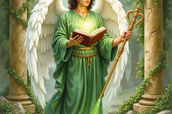 Erzengel Raphael in grünen Gewändern mit weissen Flügeln steht in einem heiligen Wasserbecken. Er hält ein leuchtendes Buch und einen goldenen Stab, mit dem er das Wasser in ein heilendes grünes Licht taucht.