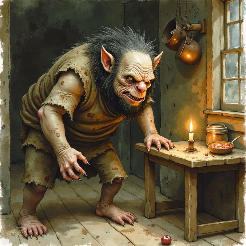 Ein bösartig aussehender Boggart mit grossen Ohren und scharfen Krallen schleicht durch einen schummrigen Raum. Er beugt sich über einen Holztisch, auf dem eine einzelne Kerze brennt.