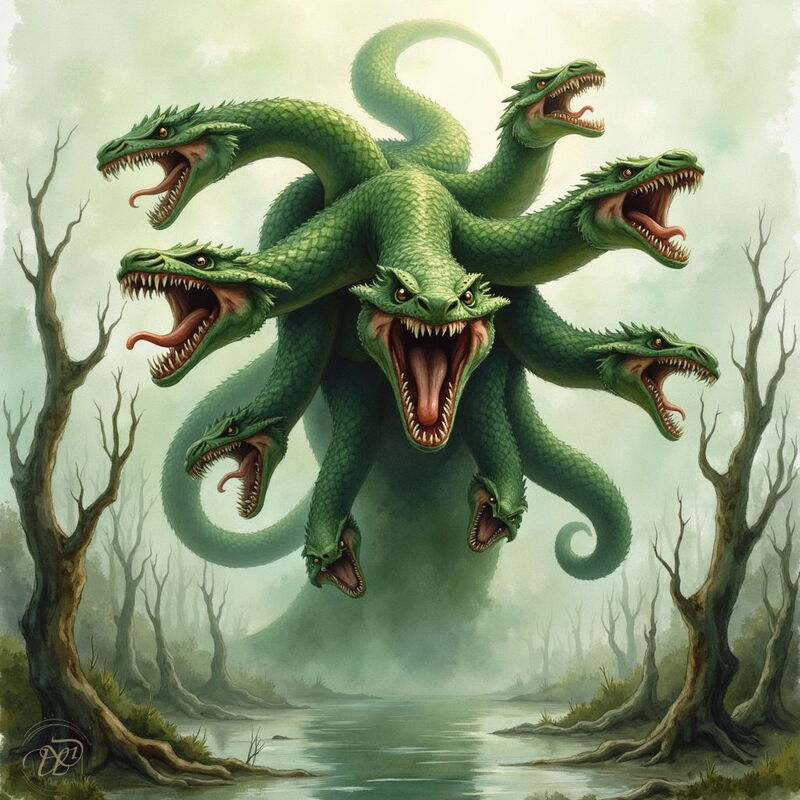 Eine schuppige, grüne Hydra mit neun schlangenartigen Köpfen und leuchtend roten Augen erhebt sich aus einem nebligen Sumpf. Alle Mäuler des Monsters sind weit aufgerissen und zeigen spitze Zähne und rote Zungen in einer aggressiven Pose.