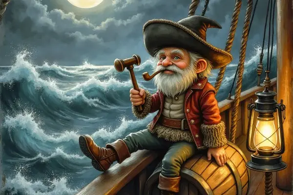 Ein Klabautermann mit weissem Bart, Pfeife und Seemannshut sitzt nachts auf einem Fass an Deck eines Segelschiffs. Er hält einen kleinen Hammer in der Hand, während hinter ihm der Vollmond auf die stürmische See scheint.