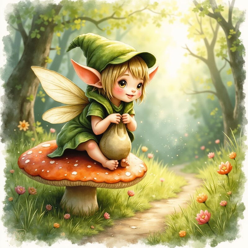 Ein niedlicher Pixie mit blonden Haaren, spitzen Ohren und zarten Flügeln sitzt auf einem grossen Fliegenpilz. Das kleine Wesen trägt eine grüne Mütze und hält einen Beutel, während es in einem sonnendurchfluteten Wald sitzt.