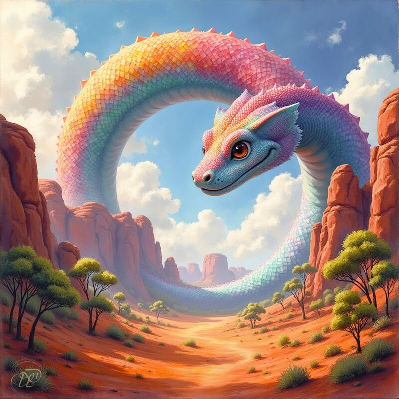 Eine riesige Regenbogenschlange, deren schimmernde Schuppen in allen Farben leuchten, formt mit ihrem Körper einen Kreis am blauen Himmel. Sie blickt freundlich auf eine weite, rote Felsenlandschaft, die an das australische Outback erinnert.