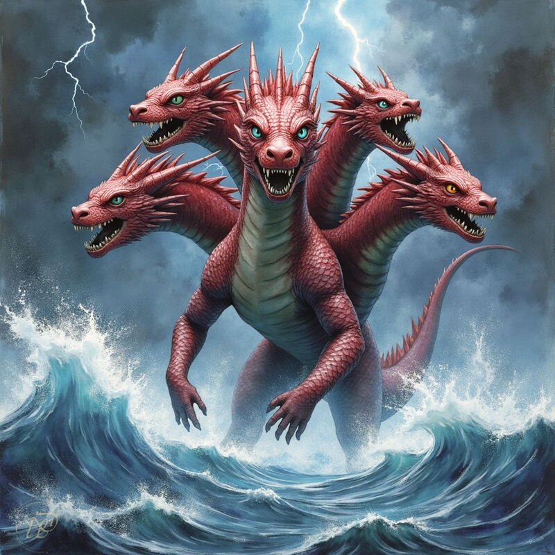 Die fünfköpfige, rote Drachengöttin Tiamat erhebt sich aus einem stürmischen, peitschenden Meer. Blitze zucken am dunklen Himmel über ihr, während sie mit aufgerissenen Mäulern ihre Macht demonstriert.