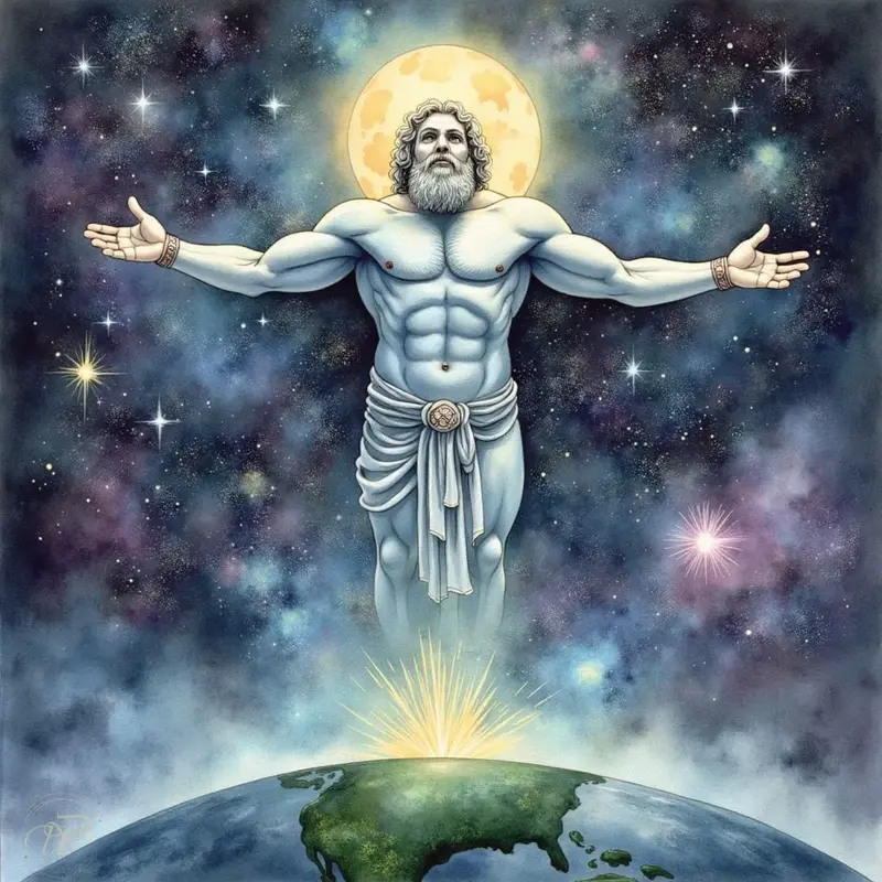 Der Urgott Uranos, eine muskulöse Gestalt mit weißem Bart und Haar, schwebt mit ausgebreiteten Armen im Weltall, umgeben von Sternen und Galaxien, während ein leuchtender Himmelskörper seinen Kopf wie einen Heiligenschein umgibt und sein Körper in Licht ü