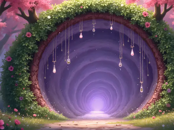 Eine geflügelte Fee und ein kleiner Zwerg bewachen einen magischen Tunnel in der Welt der Naturgeister.