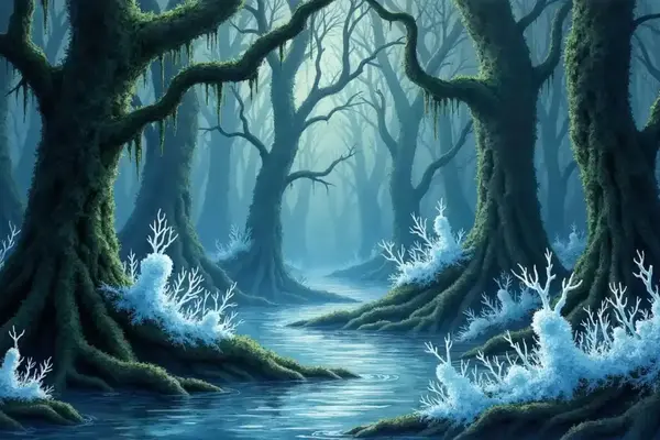 Eine unheimliche Sumpflandschaft mit magischem Nebel, toten Bäumen und leuchtenden Irrlichtern im Halbdunkel.