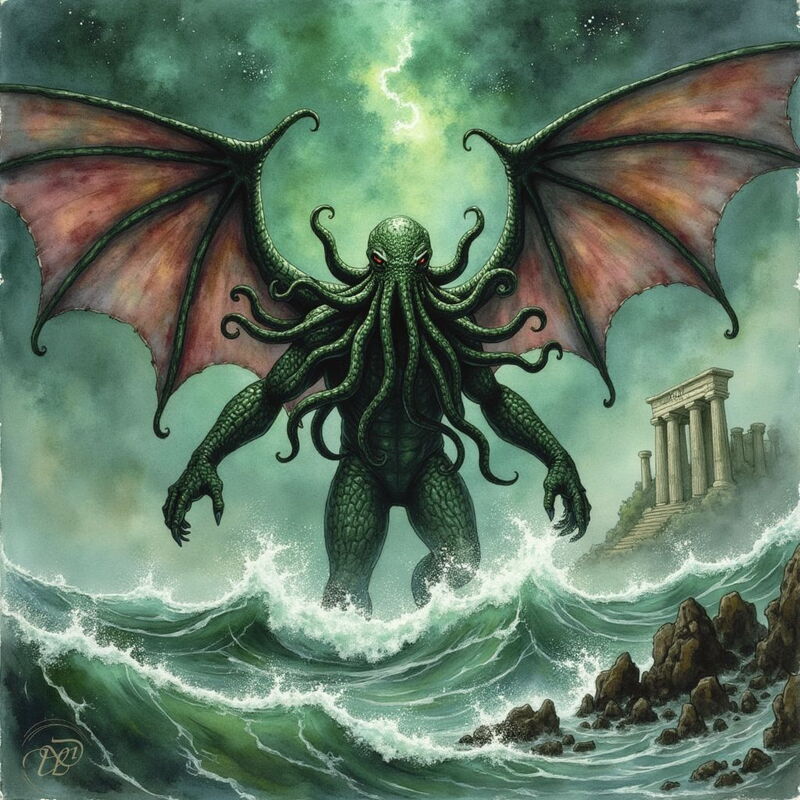 Der Große Alte Cthulhu, eine monströse Kreatur mit Oktopuskopf und Fledermausflügeln, entsteigt dem aufgewühlten, grünen Meer vor antiken Ruinen unter einem stürmischen Himmel.