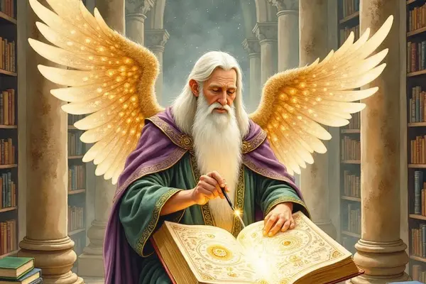 Der weise Engel Metatron mit langem weissem Bart und goldenen Flügeln sitzt in einer himmlischen Bibliothek. Er schreibt mit einem leuchtenden Stift in ein grosses, magisches Buch, das mit Symbolen und Licht gefüllt ist.