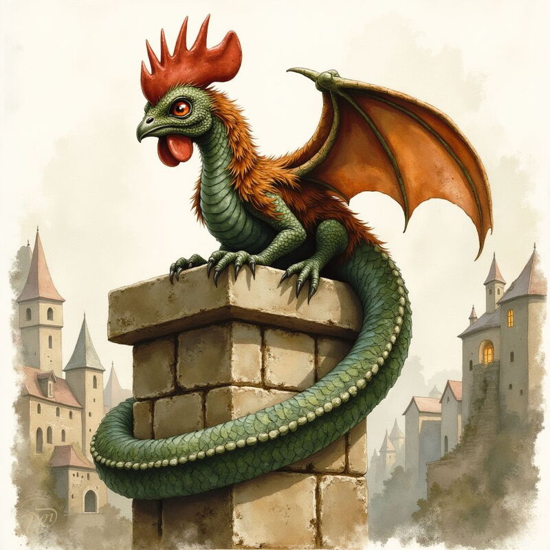 Ein Basilisk, eine Mischung aus Hahn und Schlange, thront auf einer Steinsäule. Das Fabelwesen hat einen grünen Schlangenkörper, rote Fledermausflügel und einen Hahnenkopf mit feurigen Augen über einer nebligen, mittelalterlichen Stadt.