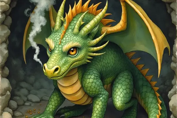 Ein kleiner, grüner Drache mit großen, orangen Augen sitzt in einer Steinhöhle und blickt den Betrachter an. Vor ihm liegt ein kleiner Haufen Gold und aus seinen Nüstern steigt Rauch auf.