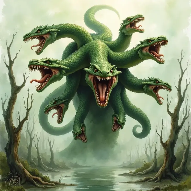 Eine schuppige, grüne Hydra mit neun schlangenartigen Köpfen und leuchtend roten Augen erhebt sich aus einem nebligen Sumpf. Alle Mäuler des Monsters sind weit aufgerissen und zeigen spitze Zähne und rote Zungen in einer aggressiven Pose.