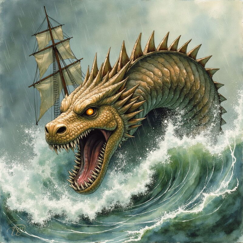 Eine riesige, drachenähnliche Seeschlange mit leuchtend gelben Augen und stacheligem Rückenkamm bricht mit weit aufgerissenem Maul aus den Wellen eines stürmischen Meeres hervor. Im Hintergrund ist ein großes Segelschiff im Regen zu erkennen.