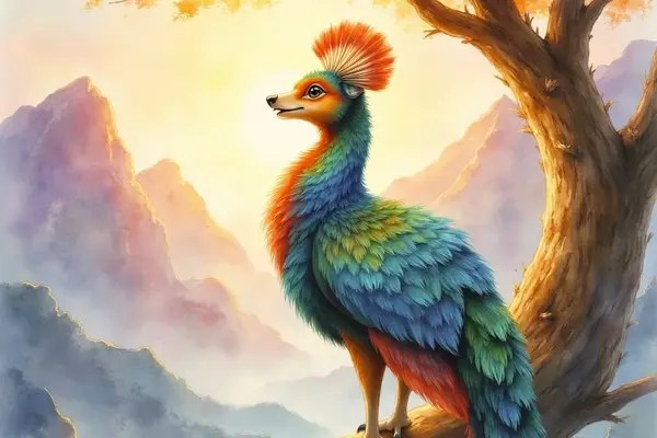 Der Simurgh, ein mythischer Vogel mit dem Kopf eines Hundes und prächtigen, bunten Federn, sitzt auf dem Ast eines Baumes. Er blickt weise über eine neblige Gebirgslandschaft, die von der aufgehenden Sonne in warmes Licht getaucht wird.