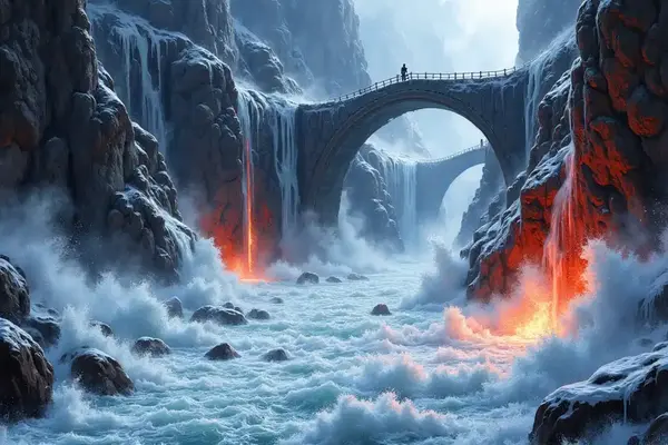 Reißende Fluten am Acheron, wo eisige Wasserfälle und Feuer unter massiven Steinbrücken toben.