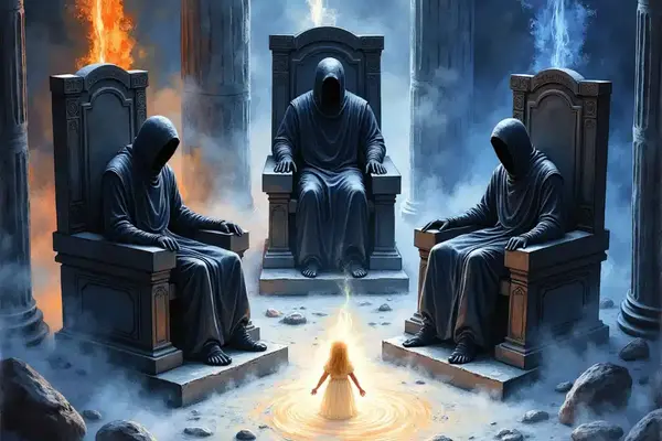 Drei riesige Richter der Unterwelt urteilen über eine leuchtende Seele vor dem Hintergrund von Feuerflüssen und Elysius.