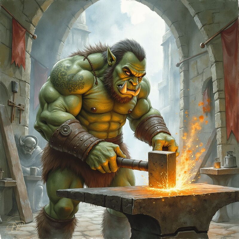 Ein muskulöser, grüngesichtiger Ork mit Hauern und spitzen Ohren steht in einer Steinschmiede und bearbeitet mit einem schweren Hammer ein glühendes Stück Metall auf einem Amboss. Funken sprühen von der Wucht des Schlages, während er konzentriert auf sein