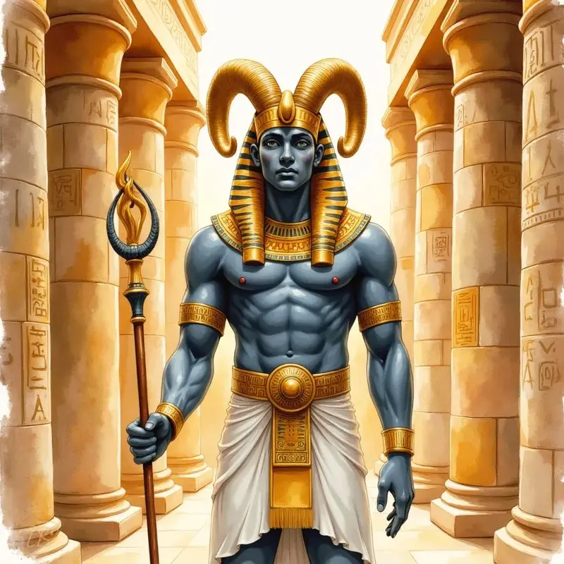 Der ägyptische Gott Amun mit blauer Haut und Widderhörnern, bekleidet mit einem goldenen Kopfschmuck und einem weissen Lendentuch. Er hält ein Was-Zepter in der Hand und steht in einer von Säulen gesäumten ägyptischen Tempelhalle.