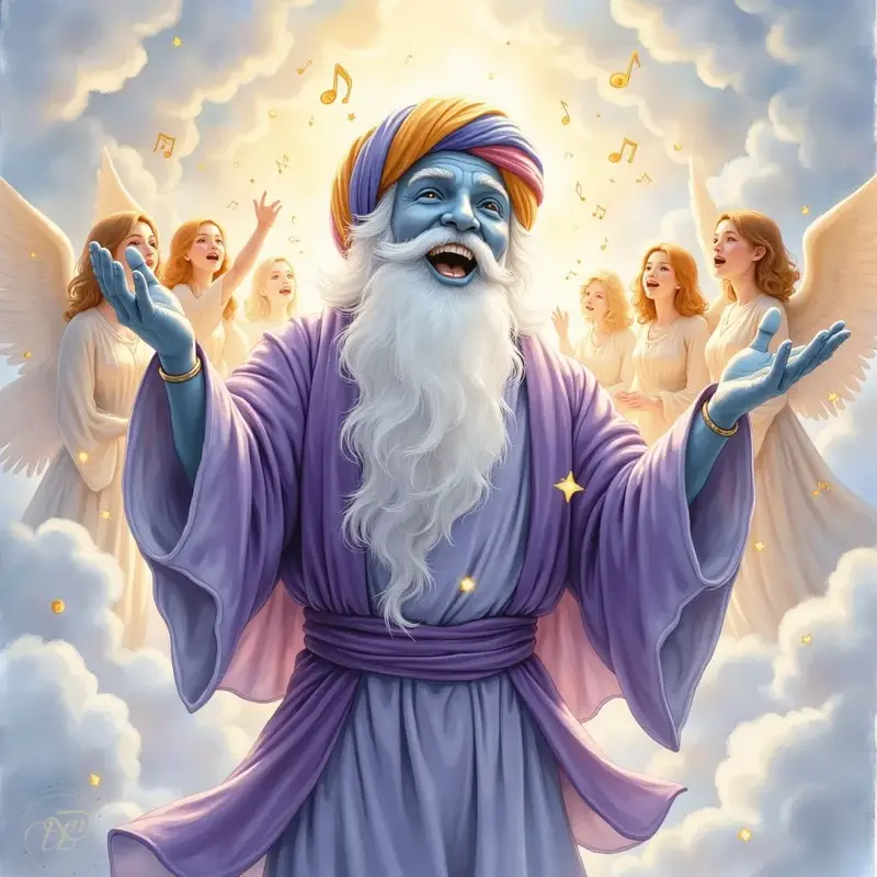 Der Engel Jehoel, dargestellt als freudiger Mann mit blauer Haut und weissem Bart in einem bunten Turban. Er leitet inmitten von Wolken einen Chor singender Engel, umgeben von schwebenden Musiknoten.