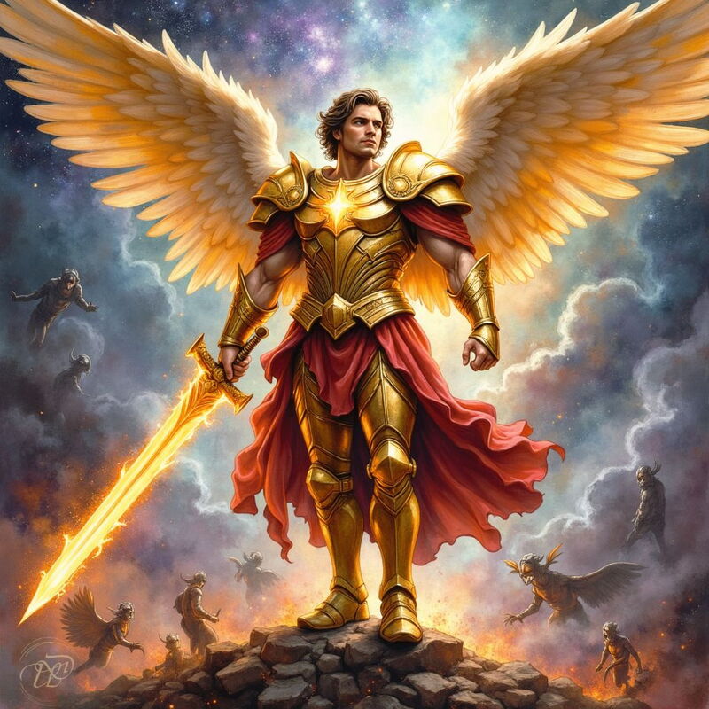 Erzengel Michael in goldener Rüstung mit leuchtenden Flügeln steht siegreich auf einem Felsen. Er hält ein flammendes Schwert, während unter ihm besiegte dämonische Gestalten im Chaos zurückweichen.