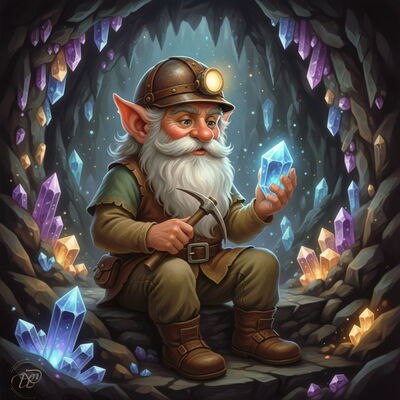 Ein Bergwichtel mit Bergarbeiterhelm und Grubenlampe sitzt in einer Höhle. Er hält eine Spitzhacke und betrachtet einen großen, leuchtenden blauen Kristall, umgeben von vielen weiteren bunten Kristallen.