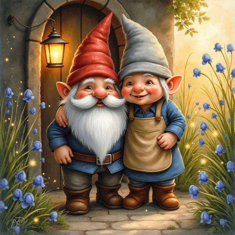 Zwei freundliche Kabouter mit spitzen Mützen und langen Bärten umarmen sich vor dem Eingang zu ihrer Waldbehausung. Sie sind von blauen Blumen und magischen Lichtpunkten umgeben.