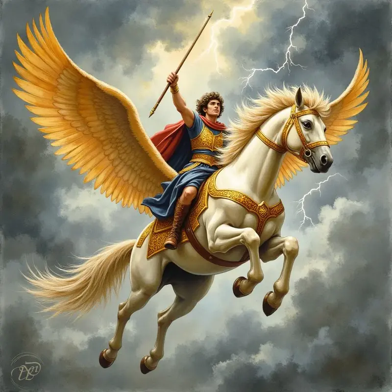 Der Held Bellerophon in goldener Ruestung reitet auf dem majestätischen, weissen Fluegelpferd Pegasus durch einen sturmischen Himmel, einen Speer in der erhobenen Hand, waehrend im Hintergrund Blitze zucken.