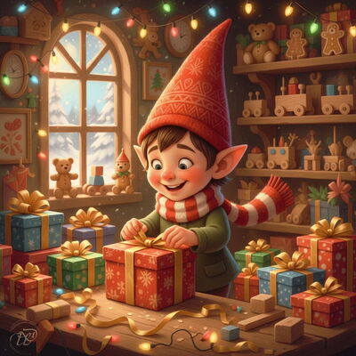Ein junger Weihnachtswichtel mit roter Mustermütze und rot-weißem Schal packt in einer gemütlichen Werkstatt Geschenke ein. Die Werkstatt ist gefüllt mit Holzspielzeug, bunten Lichtern und einem Fenster mit Blick auf eine Schneelandschaft.