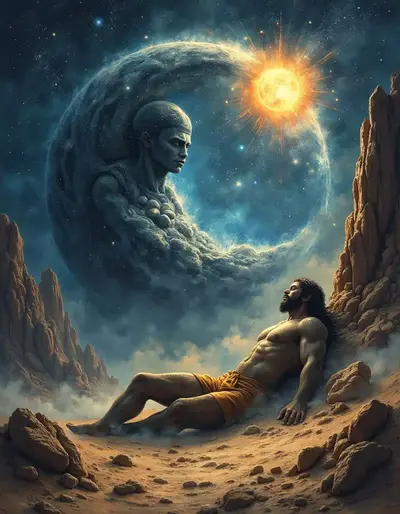 Die ägyptischen Götter Geb (Erde) und Nut (Himmel) getrennt unter dem Zorn der Sonne.