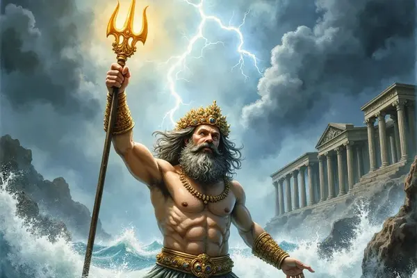 Der mächtige Gott Poseidon mit langem Bart und goldener Krone erhebt sich aus den stürmischen Meereswellen, seinen leuchtenden Dreizack in den von Blitzen erhellten Himmel gereckt, während im Hintergrund ein antiker Tempel auf einer Klippe thront.