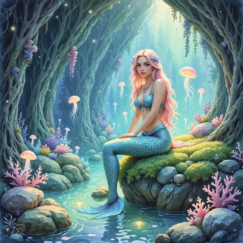 Eine junge Meerjungfrau mit langen, rosafarbenen Haaren und einer blauen, schuppigen Schwanzflosse sitzt auf einem moosbewachsenen Felsen in einer magischen Grotte. Um sie herum schweben leuchtende Quallen in einem von Bäumen und Korallen gesäumten, klare