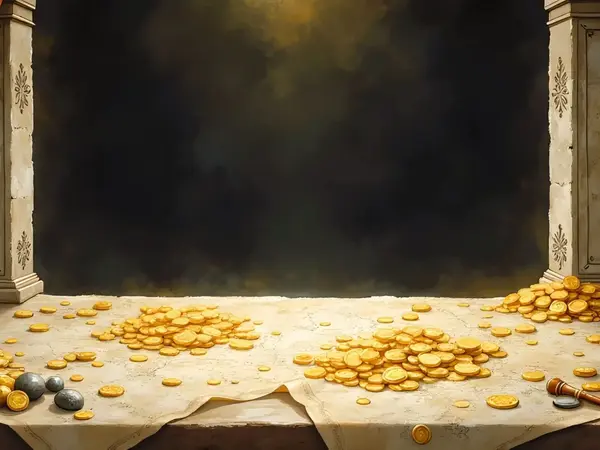 Ein Schreibtisch mit Goldmünzen, einer Waage, einem Stundenglas und Gesetzbüchern vor schweren roten Vorhängen.