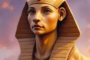 Die Sphinx mit dem Antlitz einer weisen Frau und einer goldenen, ägyptischen Kopfbedeckung blickt vor einem lila-orangen Abendhimmel in die Ferne