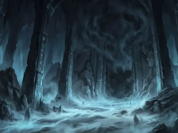 Geisterhafte Seelen durchschreiten das Tor des Erebos, im Nebel bewacht vom dreiköpfigen Kerberos.