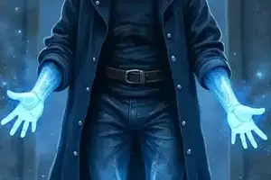 Unsichtbarkeitszauber an einer verhüllten Gestalt in dunklem Mantel, deren Hände und Beine in einem mystisch leuchtenden Blau langsam transparent werden