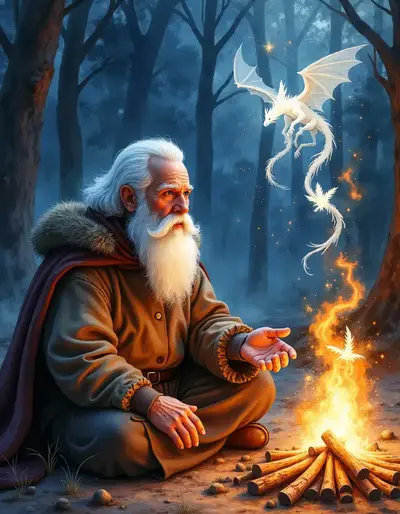 Aus dem Rauch eines Lagerfeuers bilden sich leuchtende Figuren aus Märchen und Legenden.