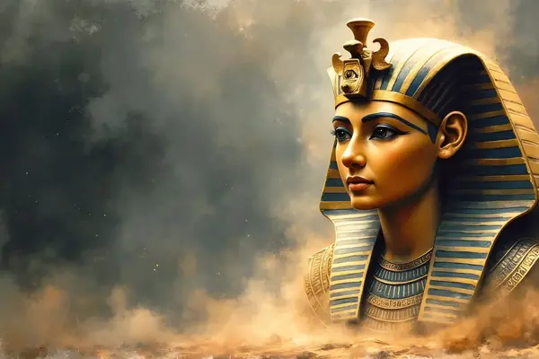 Die goldene Totenmaske eines Pharaos erscheint majestätisch in einem Sandsturm der ägyptischen Mythologie.
