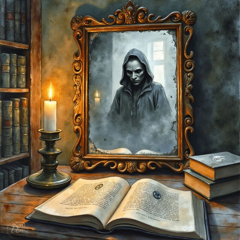 Auf einem Schreibtisch in einer alten Bibliothek steht ein goldgerahmter Spiegel, der statt einer Reflexion ein bleiches Gespenst mit Kapuze zeigt. Daneben liegen aufgeschlagene Bücher und eine brennende Kerze.