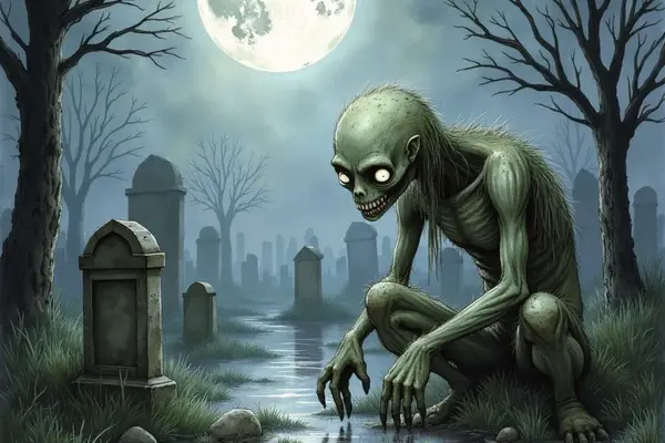 Ein hagerer, grünlicher Ghul mit leuchtenden Augen und scharfen Zähnen kauert bei Vollmond auf einem überfluteten Friedhof zwischen kahlen Bäumen und Grabsteinen.