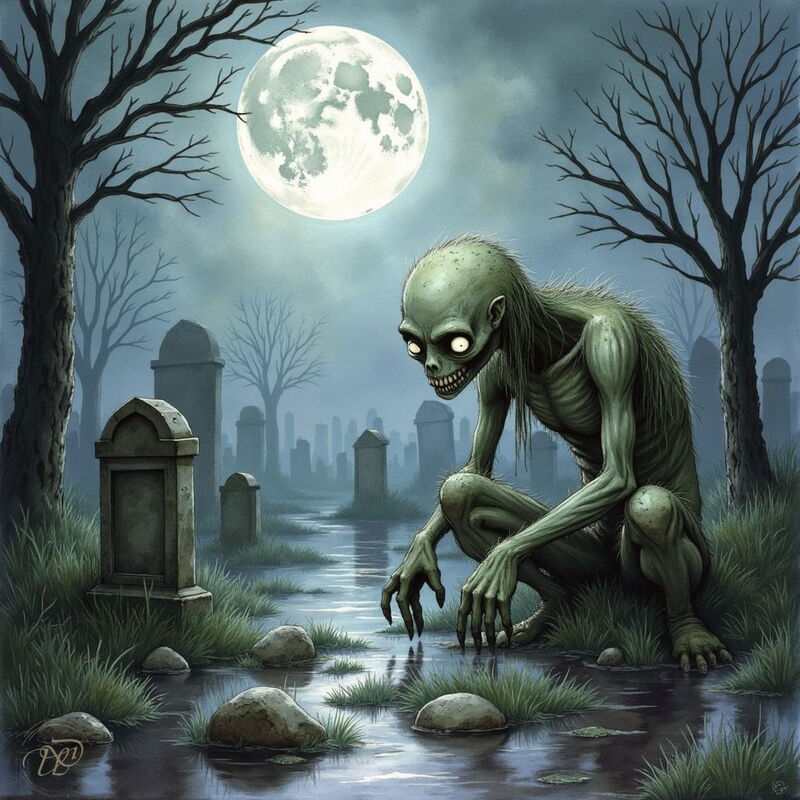 Ein hagerer, grünlicher Ghul mit leuchtenden Augen und scharfen Zähnen kauert bei Vollmond auf einem überfluteten Friedhof zwischen kahlen Bäumen und Grabsteinen.