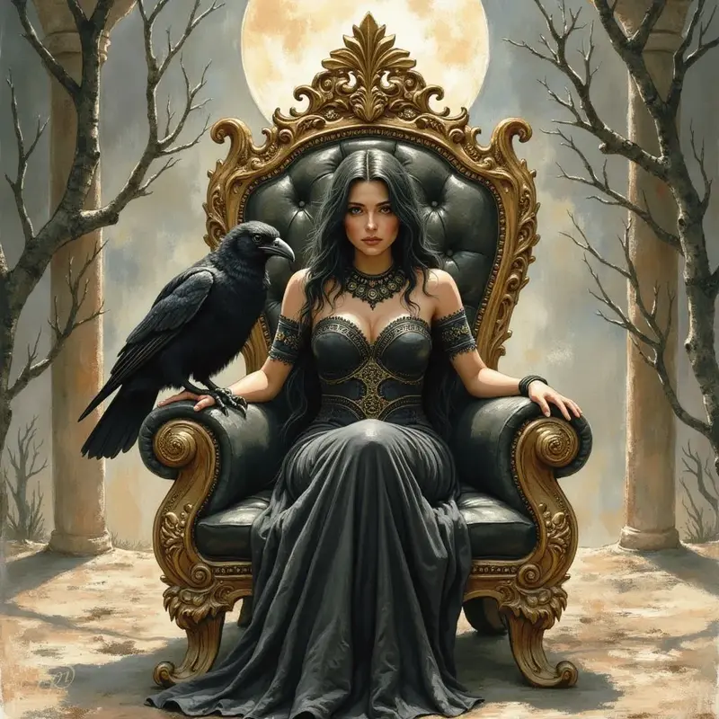 Lilith, eine Frau mit langen schwarzen Haaren, sitzt in einem dunklen Kleid auf einem prunkvollen Thron. Ein großer, schwarzer Rabe sitzt auf der Armlehne, während hinter ihr der Vollmond zwischen kahlen Bäumen scheint.