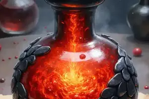 Drachenzorn-Elixier, eine kunstvoll gearbeitete Glasflasche, deren unterer Teil mit dunklen Metallschuppen gepanzert ist, die feurige, pulsierende rote Flüssigkeit mit wirbelnden Flammen im Inneren entfesselt.