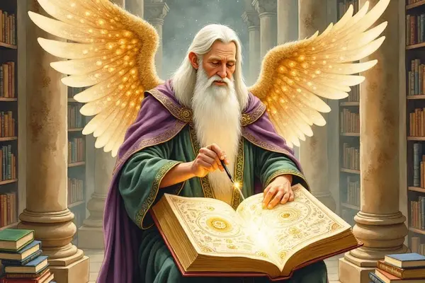Der weise Engel Metatron mit langem weissem Bart und goldenen Flügeln sitzt in einer himmlischen Bibliothek. Er schreibt mit einem leuchtenden Stift in ein grosses, magisches Buch, das mit Symbolen und Licht gefüllt ist.