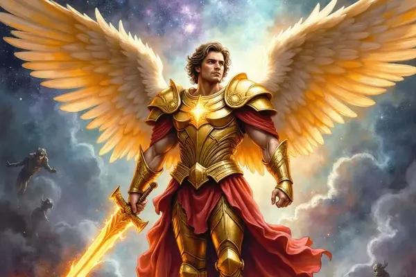 Erzengel Michael in goldener Rüstung mit leuchtenden Flügeln steht siegreich auf einem Felsen. Er hält ein flammendes Schwert, während unter ihm besiegte dämonische Gestalten im Chaos zurückweichen.