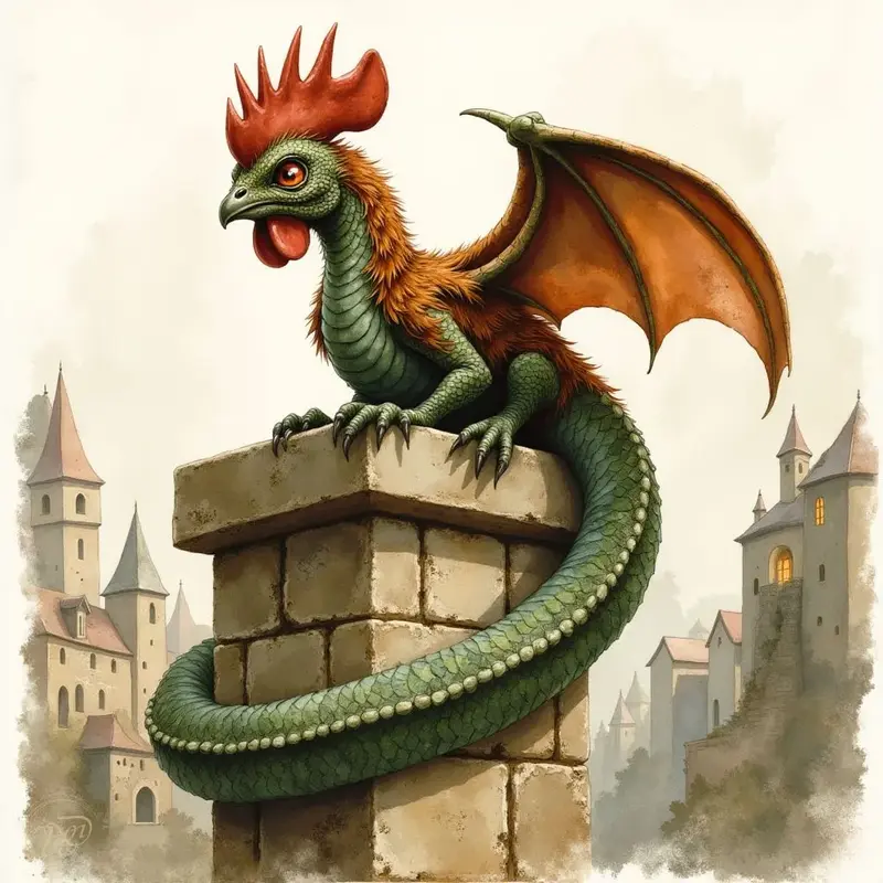 Ein Basilisk, eine Mischung aus Hahn und Schlange, thront auf einer Steinsäule. Das Fabelwesen hat einen grünen Schlangenkörper, rote Fledermausflügel und einen Hahnenkopf mit feurigen Augen über einer nebligen, mittelalterlichen Stadt.