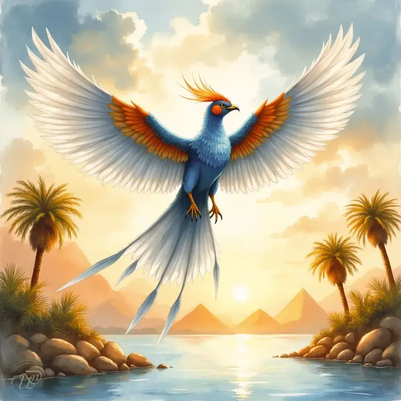 Der mythische Vogel Benu mit blauem Körper, weit ausgebreiteten weißen Flügeln mit orangefarbenen Spitzen und einem goldenen Schopf, fliegt bei Sonnenaufgang über einen Fluss vor Pyramiden am Horizont.