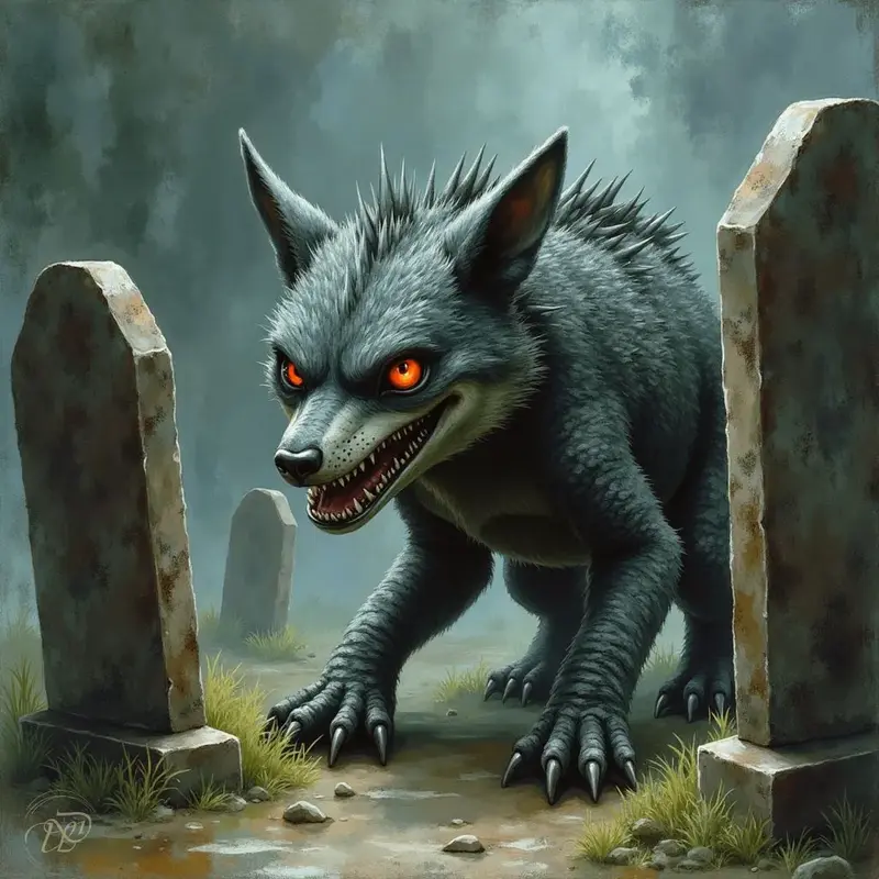 Eine wolfsähnliche Kreatur mit stacheligem Rücken, leuchtend roten Augen und scharfen Zähnen schleicht zwischen zwei Grabsteinen auf einem unheimlichen Friedhof.