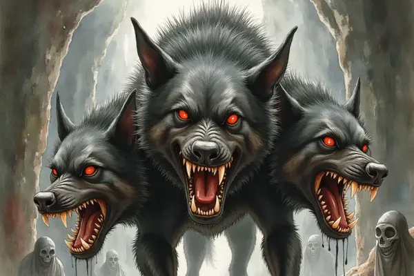 Ein furchteinflößender, schwarzer, dreiköpfiger Hund mit leuchtend roten Augen und entblößten Reißzähnen bewacht den felsigen, blutbefleckten Eingang zur Unterwelt, während im Hintergrund geisterhafte Gestalten lauern.