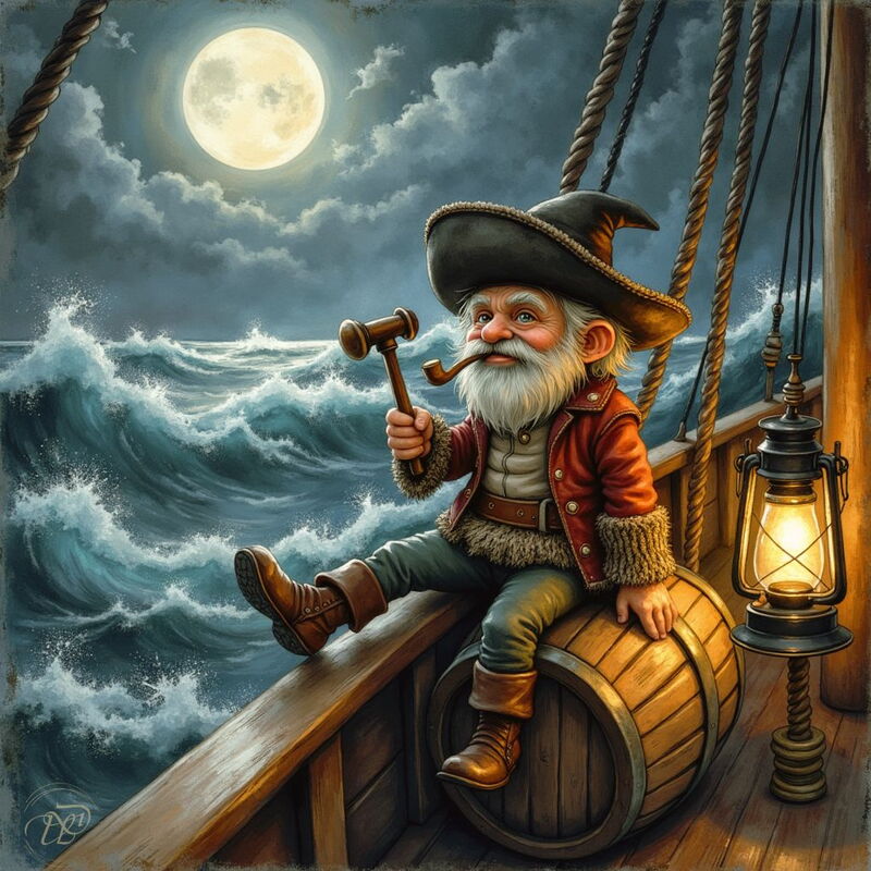 Ein Klabautermann mit weissem Bart, Pfeife und Seemannshut sitzt nachts auf einem Fass an Deck eines Segelschiffs. Er hält einen kleinen Hammer in der Hand, während hinter ihm der Vollmond auf die stürmische See scheint.