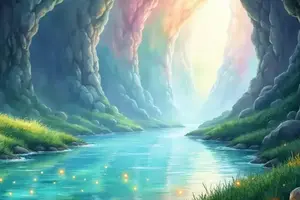 Türkisfarbener, glühender Fluss Lethe mit goldenen Lichtpunkten fließt durch eine Felsenschlucht mit grünem Ufer